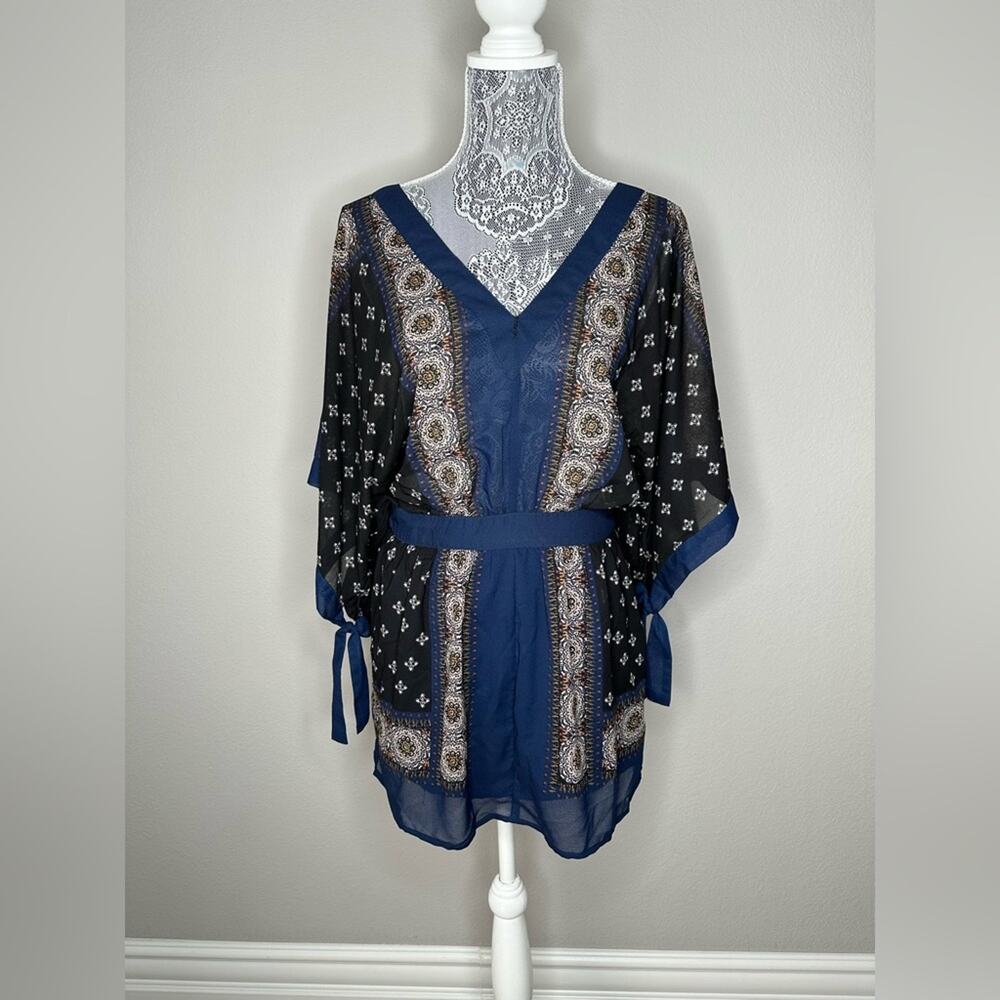FREE PEOPLE Womens Boho Printed Kimono Tied Sleeve V-Neck Mini Dress Size XS - Picture 4 of 11